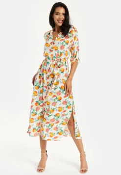 Women’s Midi Dress, Fruit Print, Button-Through Design, Elegant Tie Waist, Roll-Up Sleeves, Lightweight Viscose