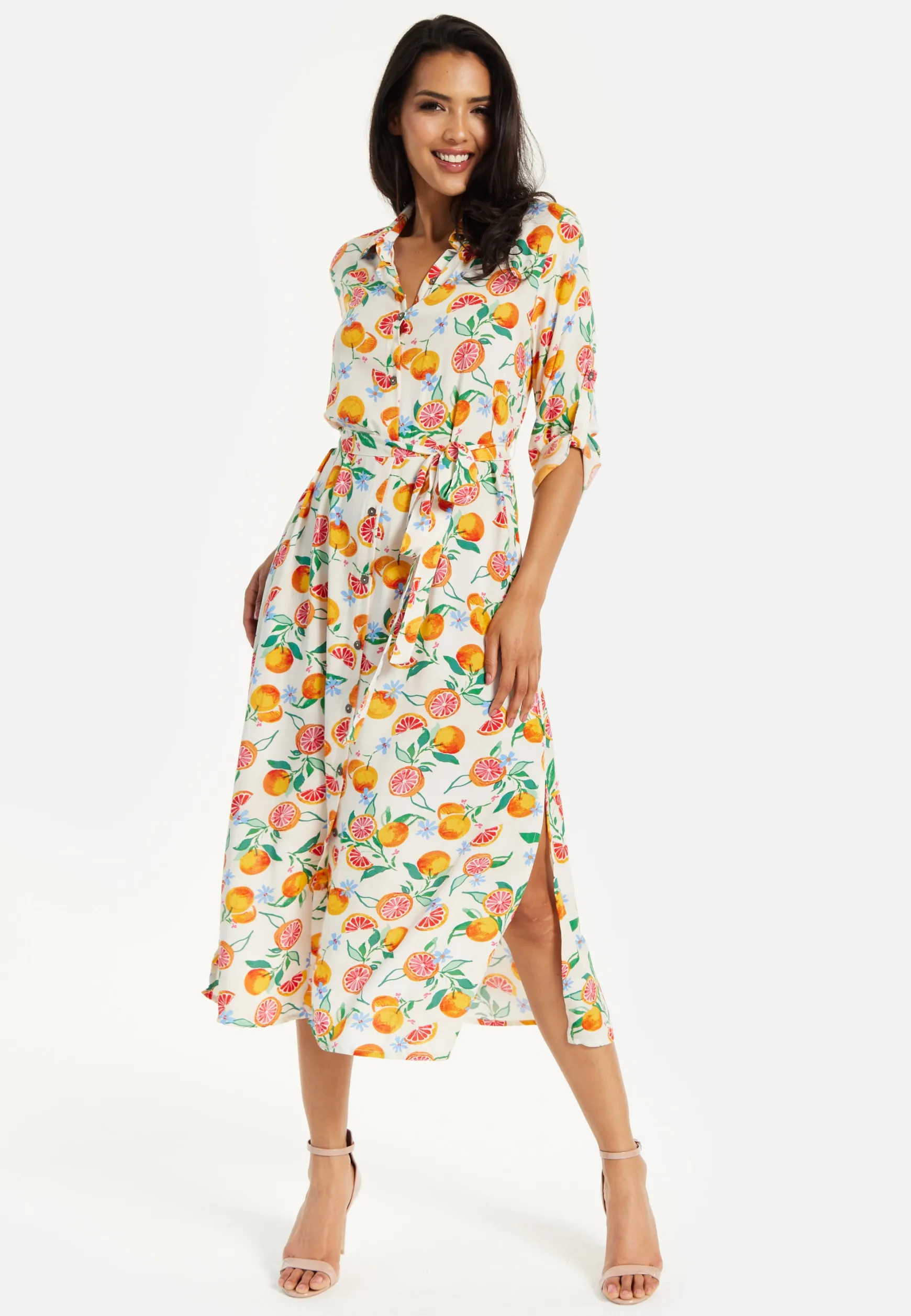 Women’s Midi Dress, Fruit Print, Button-Through Design, Elegant Tie Waist, Roll-Up Sleeves, Lightweight Viscose