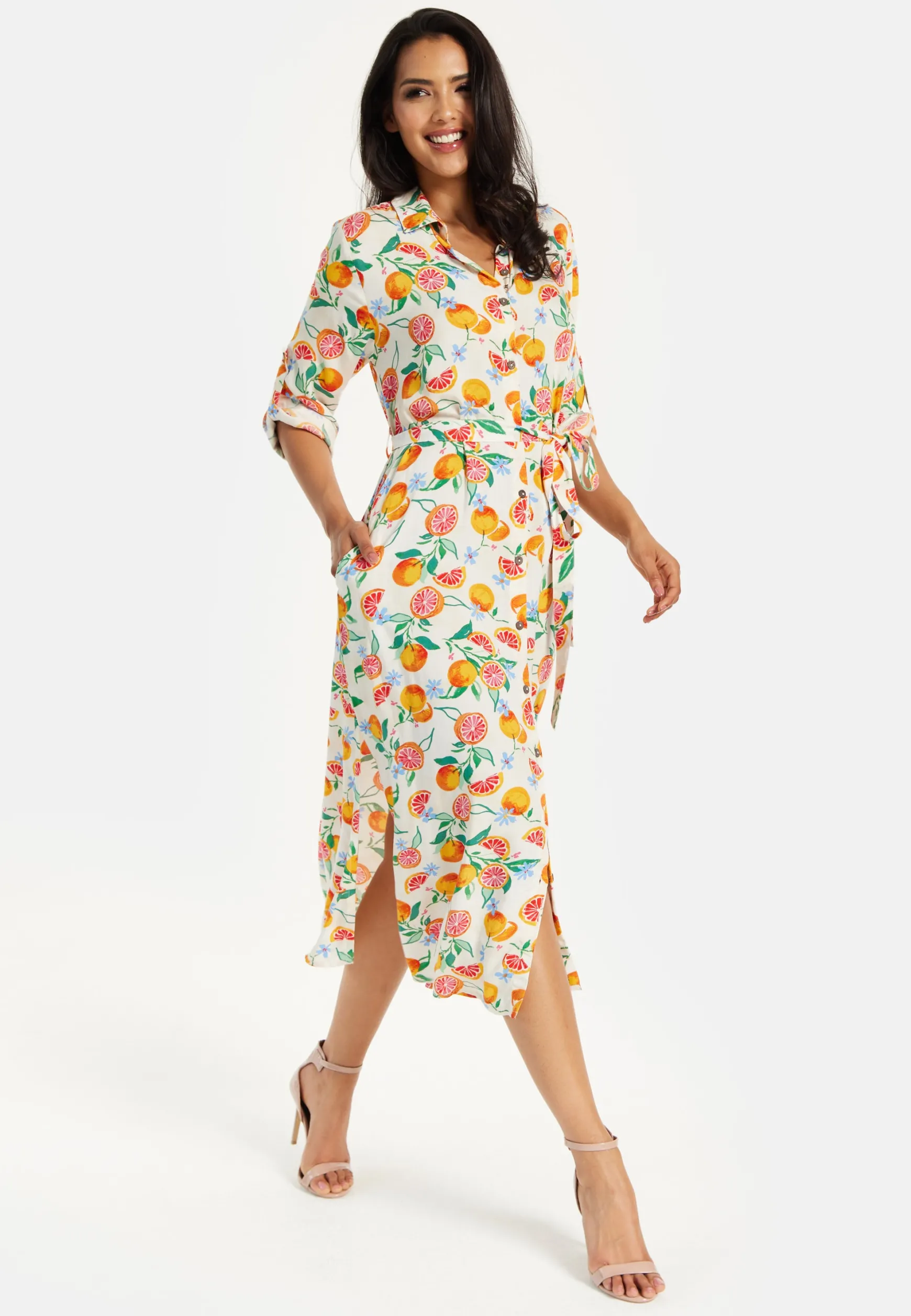 Women’s Midi Dress, Fruit Print, Button-Through Design, Elegant Tie Waist, Roll-Up Sleeves, Lightweight Viscose