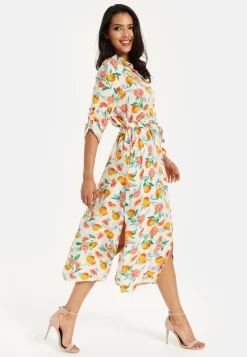 Women’s Midi Dress, Fruit Print, Button-Through Design, Elegant Tie Waist, Roll-Up Sleeves, Lightweight Viscose