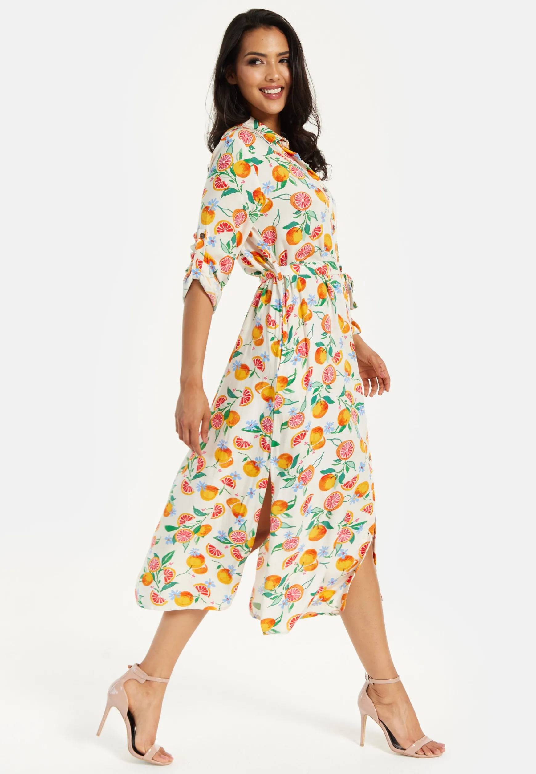 Women’s Midi Dress, Fruit Print, Button-Through Design, Elegant Tie Waist, Roll-Up Sleeves, Lightweight Viscose