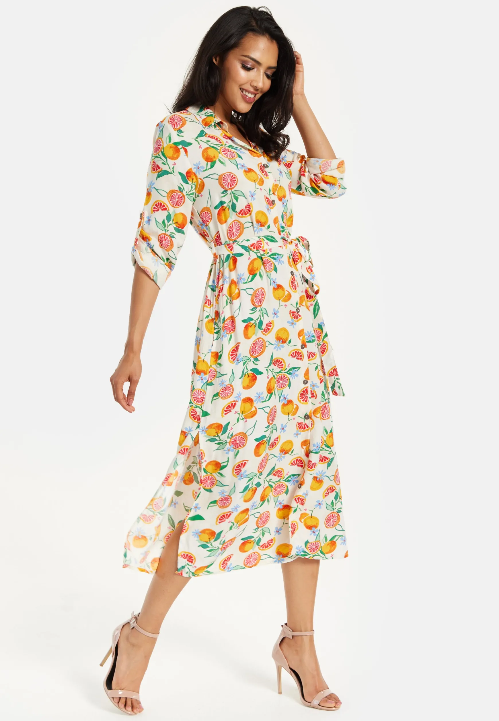 Women’s Midi Dress, Fruit Print, Button-Through Design, Elegant Tie Waist, Roll-Up Sleeves, Lightweight Viscose