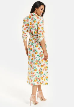 Women’s Midi Dress, Fruit Print, Button-Through Design, Elegant Tie Waist, Roll-Up Sleeves, Lightweight Viscose