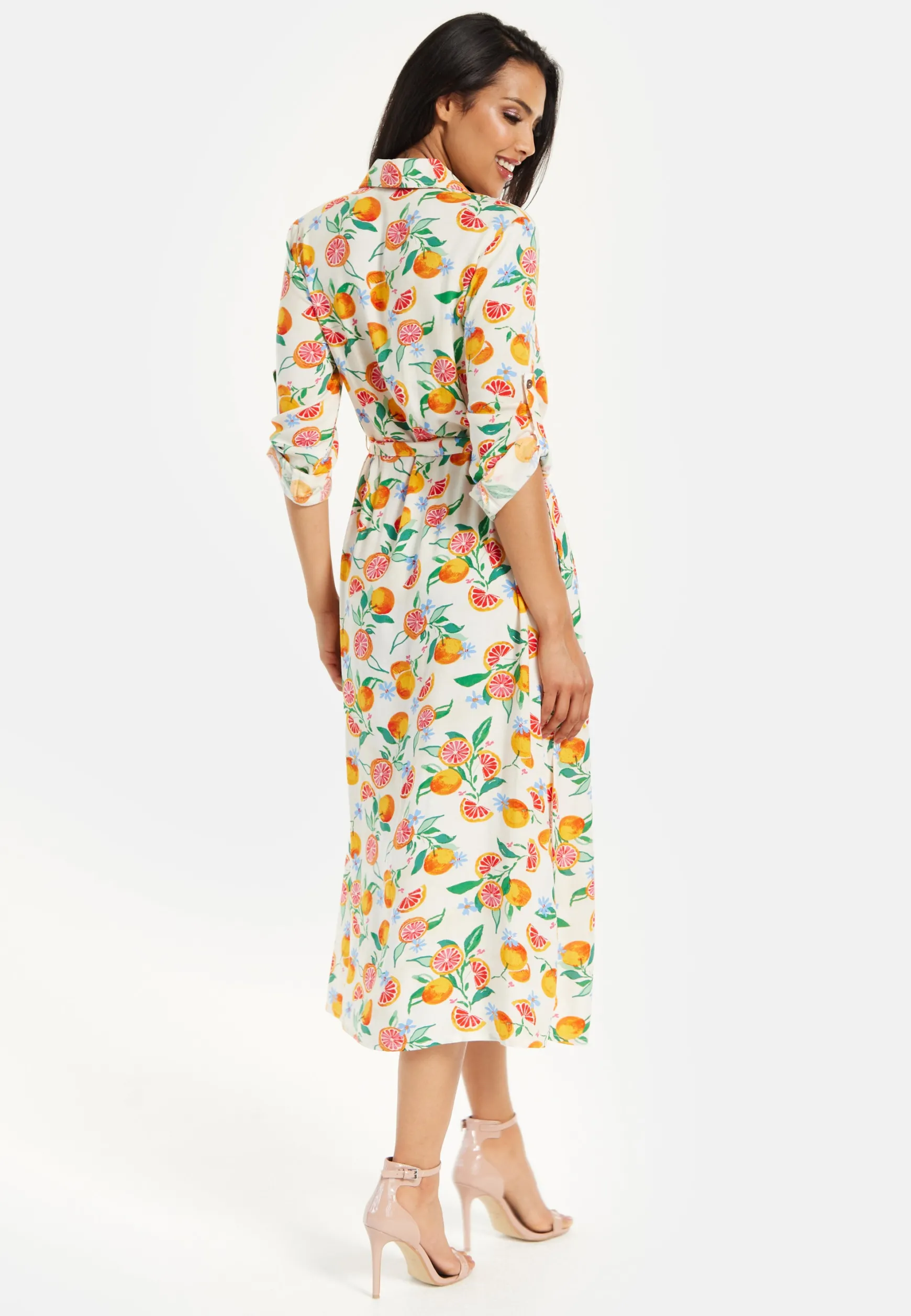 Women’s Midi Dress, Fruit Print, Button-Through Design, Elegant Tie Waist, Roll-Up Sleeves, Lightweight Viscose