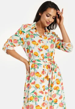 Women’s Midi Dress, Fruit Print, Button-Through Design, Elegant Tie Waist, Roll-Up Sleeves, Lightweight Viscose