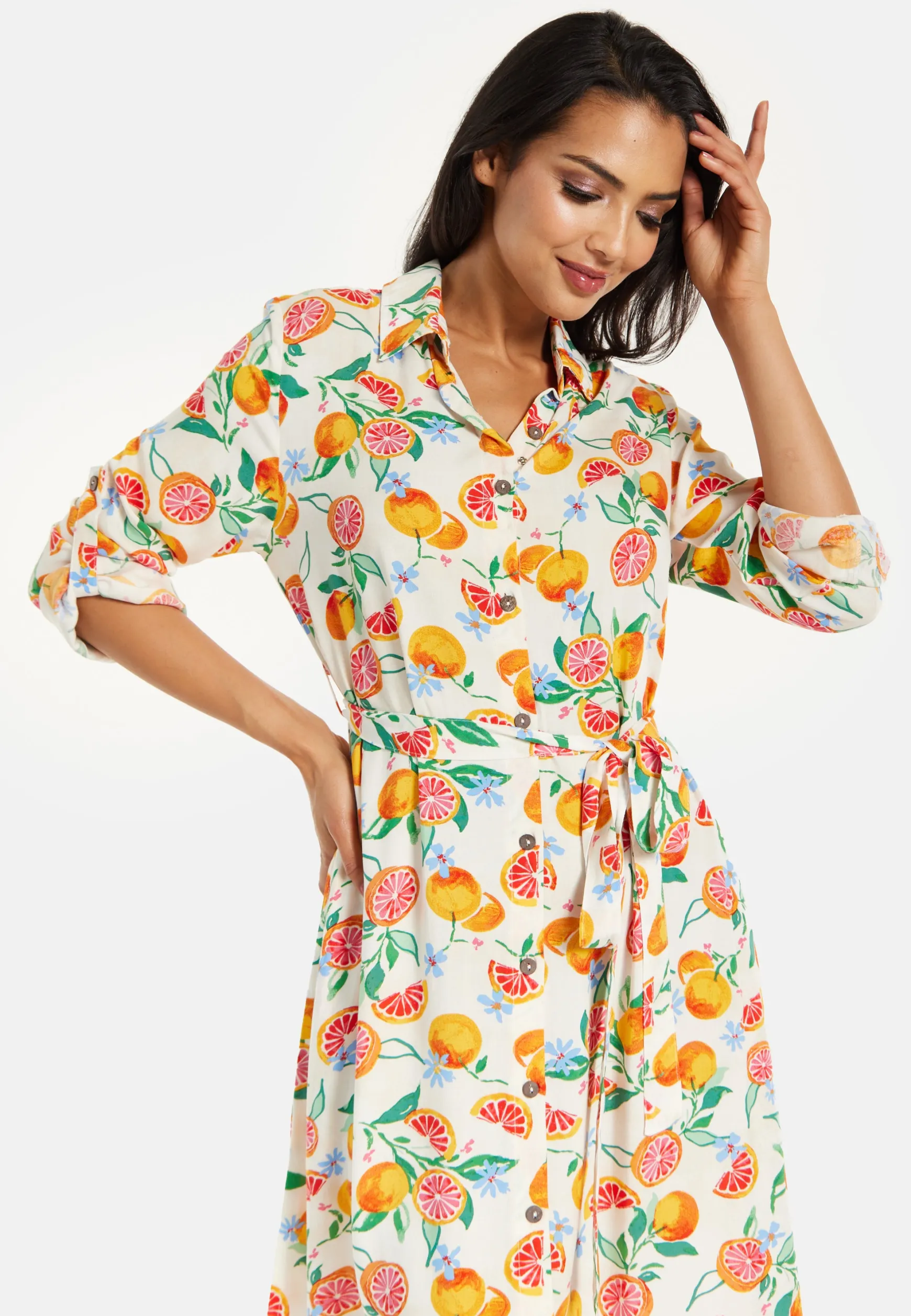Women’s Midi Dress, Fruit Print, Button-Through Design, Elegant Tie Waist, Roll-Up Sleeves, Lightweight Viscose