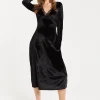 Women's Midi Dress in Black Velvet with Long Sleeves - Elegant Lace Details by Liquorish