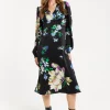 Women's Midi Dress in Black with Long Balloon Sleeves and Elegant Floral Print by Liquorish