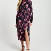 Women's Midi Dress in Black and Pink with Long Balloon Sleeves - Liquorish