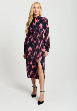 Women's Midi Dress in Black and Pink with Long Balloon Sleeves - Liquorish