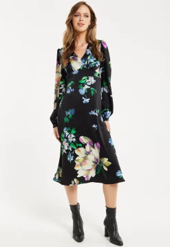 Women's Midi Dress in Black with Long Balloon Sleeves and Elegant Floral Print by Liquorish