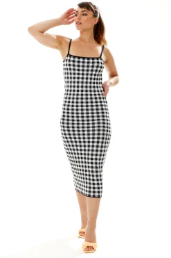 Women’s Midi Dress in Black and White Check - Sleeveless Knitted Fabric with Fitted Silhouette