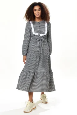 Women's Midi Dress in Black and White Gingham with Long Sleeves - Divine Grace by Liquorish