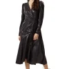Women's Midi Dress in Black with Long Sleeves - PU Wrap with Tie Waist and Crossover Front by Liquorish