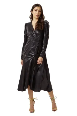 Women's Midi Dress in Black with Long Sleeves - PU Wrap with Tie Waist and Crossover Front by Liquorish