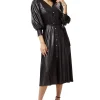 Women's Midi Dress in Black with 3/4 Balloon Sleeves and Tie Waist - Liquorish