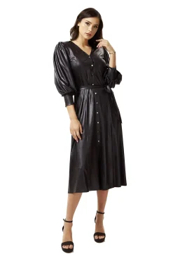 Women's Midi Dress in Black with 3/4 Balloon Sleeves and Tie Waist - Liquorish