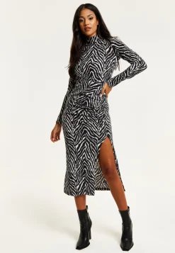 Women's Midi Dress in Black and White Zebra Print with Long Sleeves - Liquorish