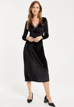 Women's Midi Dress in Black Velvet with Long Sleeves - Elegant Lace Details by Liquorish
