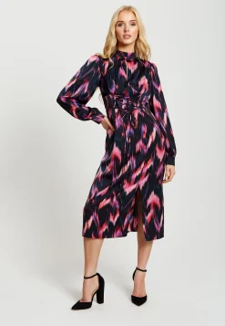 Women's Midi Dress in Black and Pink with Long Balloon Sleeves - Liquorish