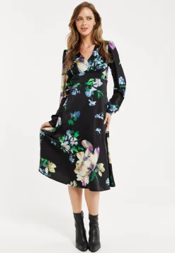 Women's Midi Dress in Black with Long Balloon Sleeves and Elegant Floral Print by Liquorish