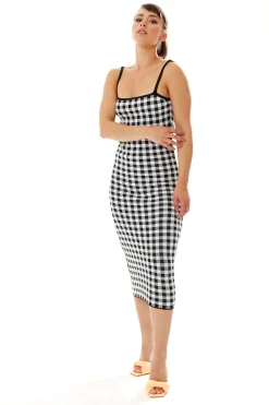 Women’s Midi Dress in Black and White Check - Sleeveless Knitted Fabric with Fitted Silhouette