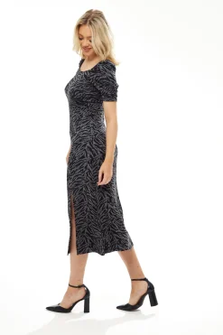 Women's Midi Dress in Black and Grey Zebra Print with Short Sleeves - Liquorish