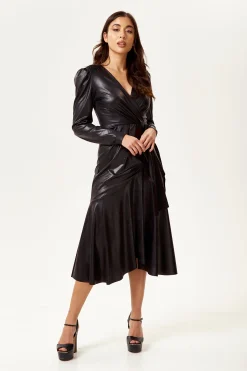 Women's Midi Dress in Black with Long Sleeves - PU Wrap with Tie Waist and Crossover Front by Liquorish