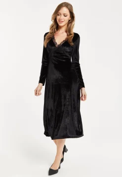Women's Midi Dress in Black Velvet with Long Sleeves - Elegant Lace Details by Liquorish