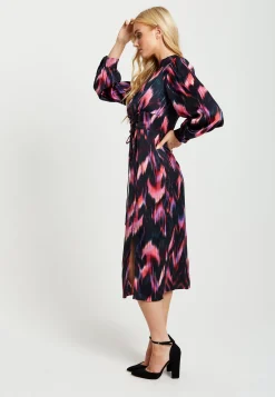 Women's Midi Dress in Black and Pink with Long Balloon Sleeves - Liquorish