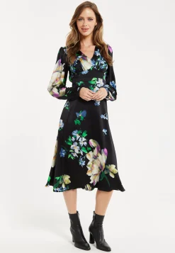 Women's Midi Dress in Black with Long Balloon Sleeves and Elegant Floral Print by Liquorish