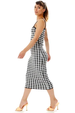 Women’s Midi Dress in Black and White Check - Sleeveless Knitted Fabric with Fitted Silhouette