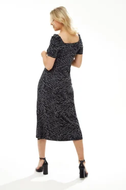 Women's Midi Dress in Black and Grey Zebra Print with Short Sleeves - Liquorish