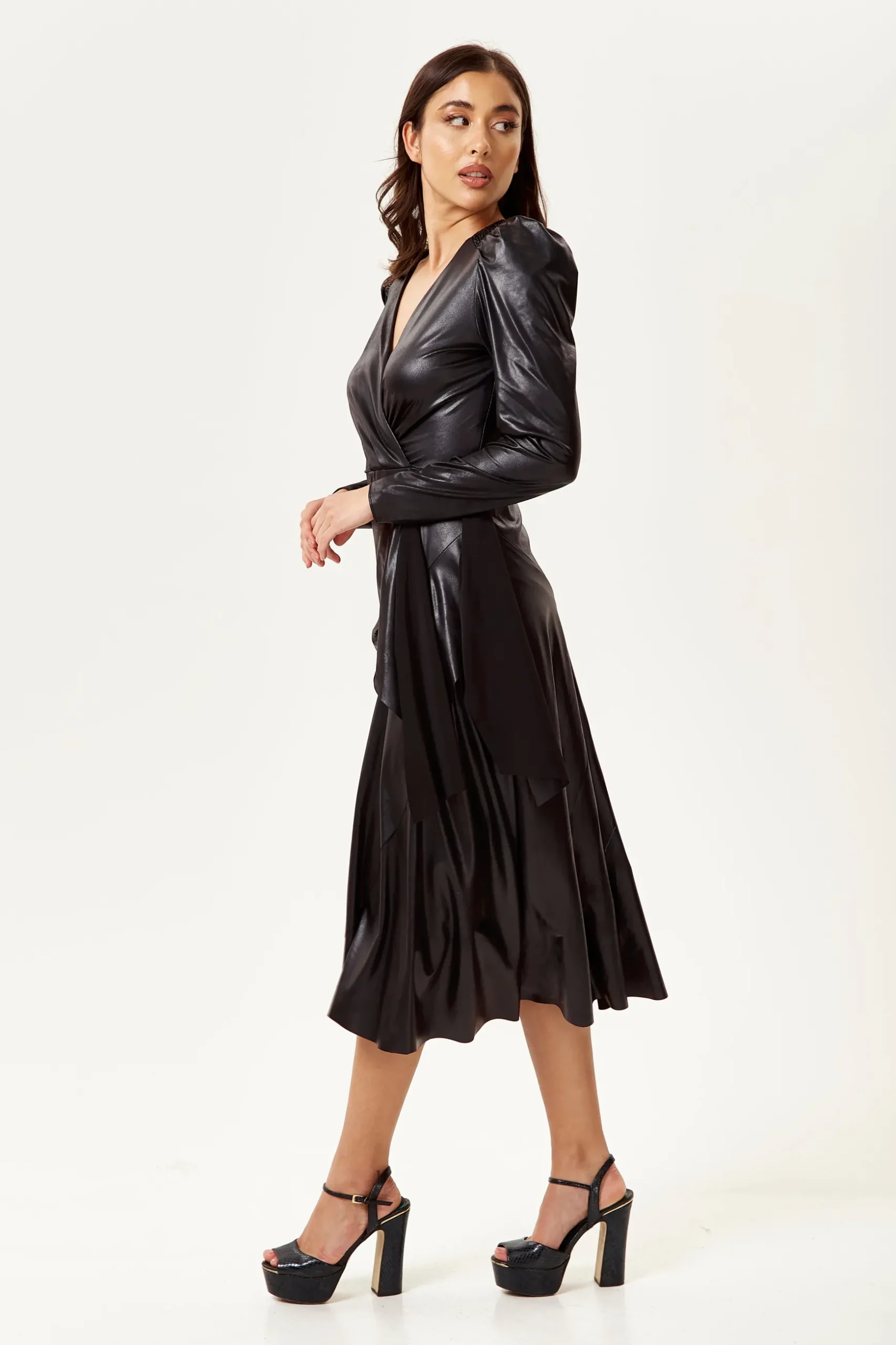 Women's Midi Dress in Black with Long Sleeves - PU Wrap with Tie Waist and Crossover Front by Liquorish