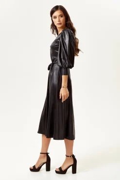 Women's Midi Dress in Black with 3/4 Balloon Sleeves and Tie Waist - Liquorish