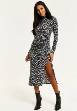 Women's Midi Dress in Black and White Zebra Print with Long Sleeves - Liquorish