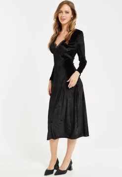 Women's Midi Dress in Black Velvet with Long Sleeves - Elegant Lace Details by Liquorish