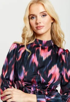 Women's Midi Dress in Black and Pink with Long Balloon Sleeves - Liquorish