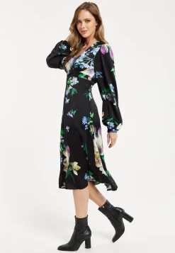 Women's Midi Dress in Black with Long Balloon Sleeves and Elegant Floral Print by Liquorish