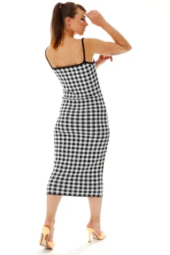 Women’s Midi Dress in Black and White Check - Sleeveless Knitted Fabric with Fitted Silhouette