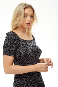 Women's Midi Dress in Black and Grey Zebra Print with Short Sleeves - Liquorish