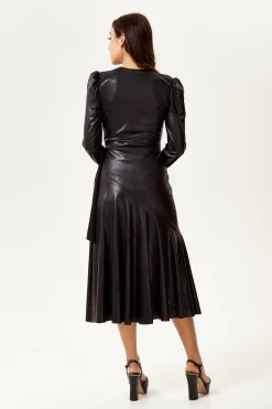 Women's Midi Dress in Black with Long Sleeves - PU Wrap with Tie Waist and Crossover Front by Liquorish