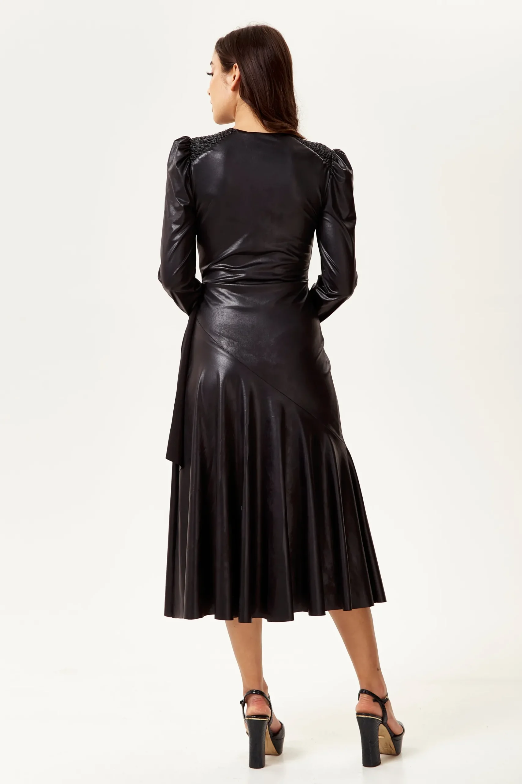Women's Midi Dress in Black with Long Sleeves - PU Wrap with Tie Waist and Crossover Front by Liquorish