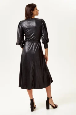Women's Midi Dress in Black with 3/4 Balloon Sleeves and Tie Waist - Liquorish