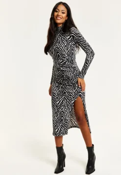 Women's Midi Dress in Black and White Zebra Print with Long Sleeves - Liquorish