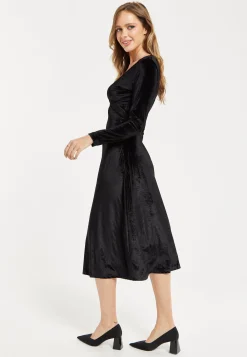 Women's Midi Dress in Black Velvet with Long Sleeves - Elegant Lace Details by Liquorish