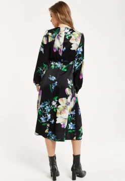 Women's Midi Dress in Black with Long Balloon Sleeves and Elegant Floral Print by Liquorish