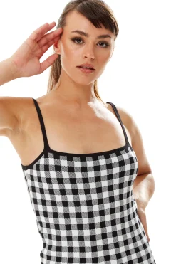 Women’s Midi Dress in Black and White Check - Sleeveless Knitted Fabric with Fitted Silhouette