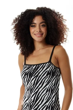 Women’s Midi Dress in Black and White Zebra Knit Pattern with Sleeveless Design