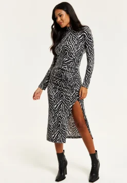 Women's Midi Dress in Black and White Zebra Print with Long Sleeves - Liquorish